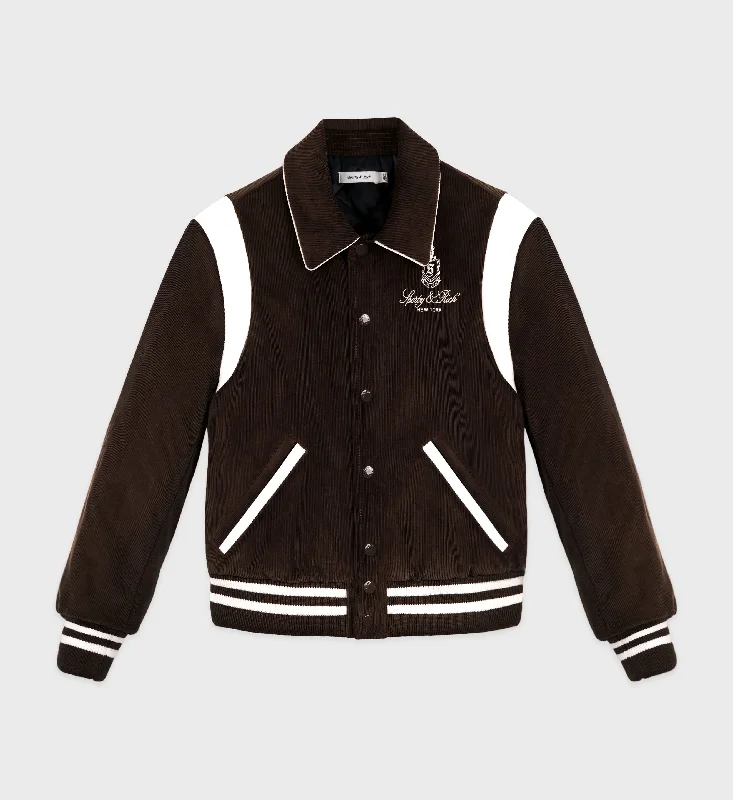 elegant coats for women -Vendome Corduroy Varsity Jacket - Chocolate/White