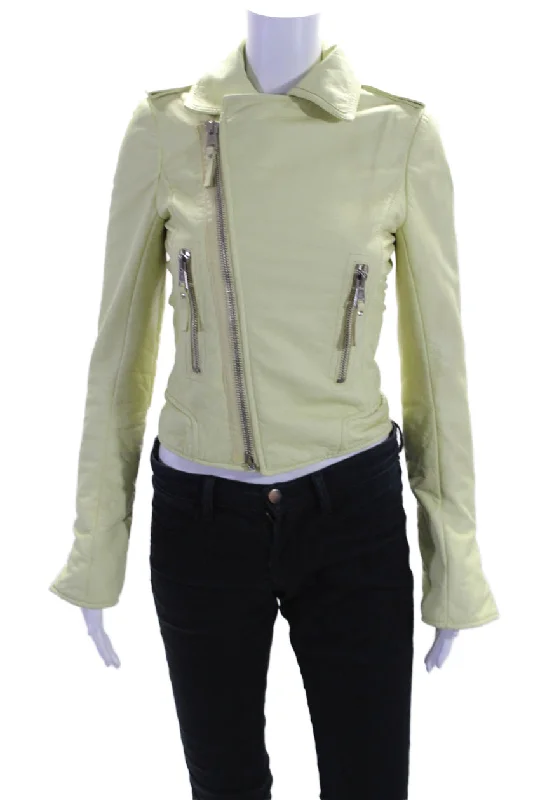 ladies' belted wool coats -Balenciaga Womens Pale Yellow Leather Zip Long Sleeve Motorcycle Jacket