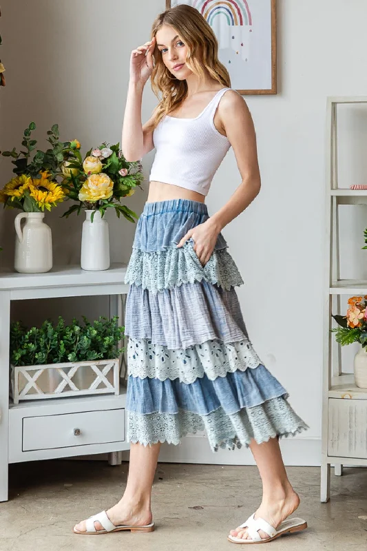 women's textured skirts -Shades of Blue Washed Tiered Woven Pants