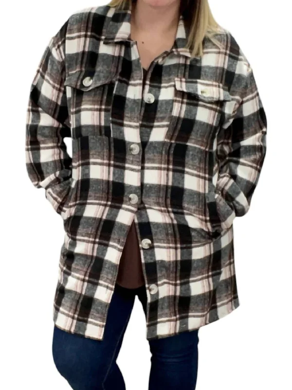 lightweight coats for women -Plaid Flannel Shirt Coat In Brown