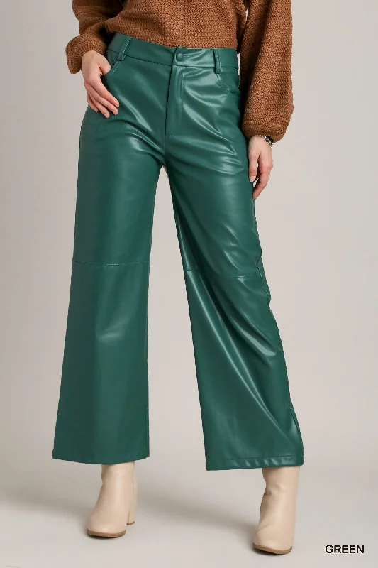 women's A-line skirts -Green Faux Leather Pants