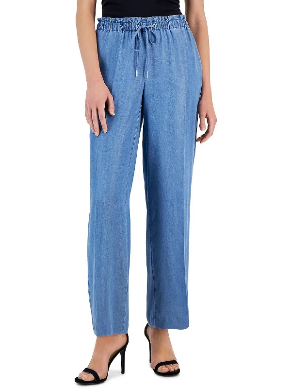 women's straight-leg jeans -Womens Tencel Drawstring Hem Wide Leg Pants