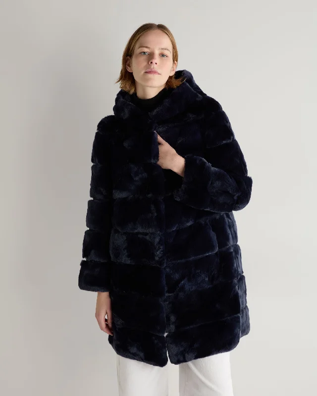 women's winter coats -Women's Long Rex Hooded Coat Dark Navy Blue