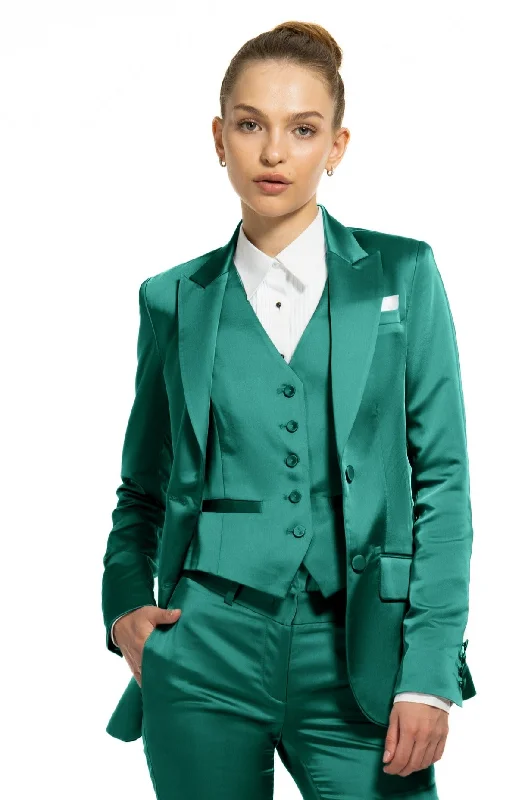 women's linen pants -Emerald Green Satin Peak Lapel Tuxedo Jacket