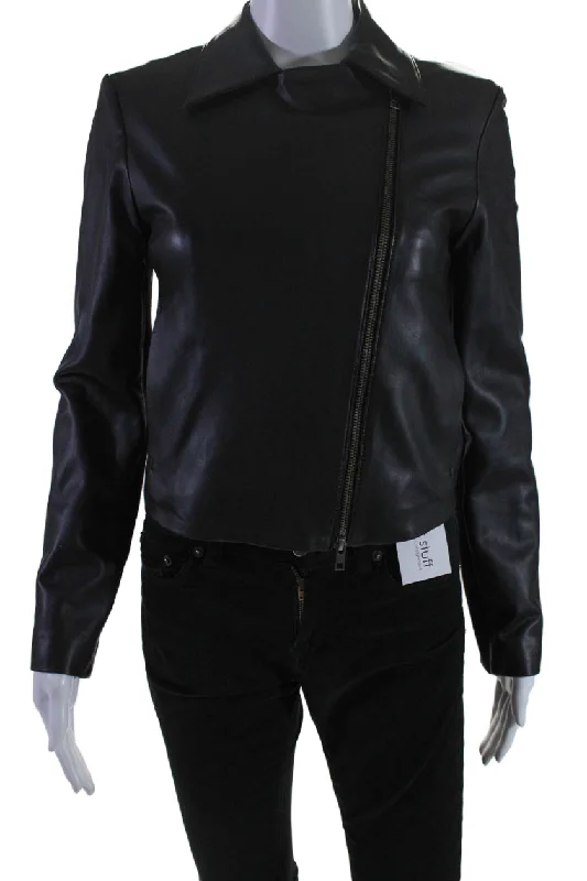 women’s casual blazers -Vince Womens Front Zip Long Sleeve Collared Soft Leather Jacket Black