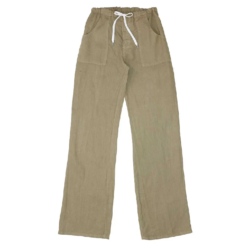 ladies' paperbag waist pants -Button Drawstring Linen Pants 2 Front Patch Pockets - New Khaki