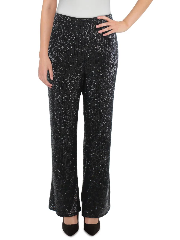 women's linen pants -Plus Womens Sequined Mesh Palazzo Pants