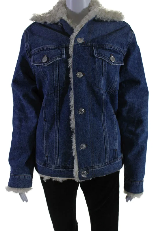 women's reversible jackets -AMI Alexandre Mattiussi Womens Faux Fur Lined Jean Jacket Blue Denim