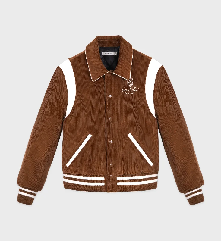 ladies' sherpa jackets -Vendome Corduroy Varsity Jacket - Tobacco/White