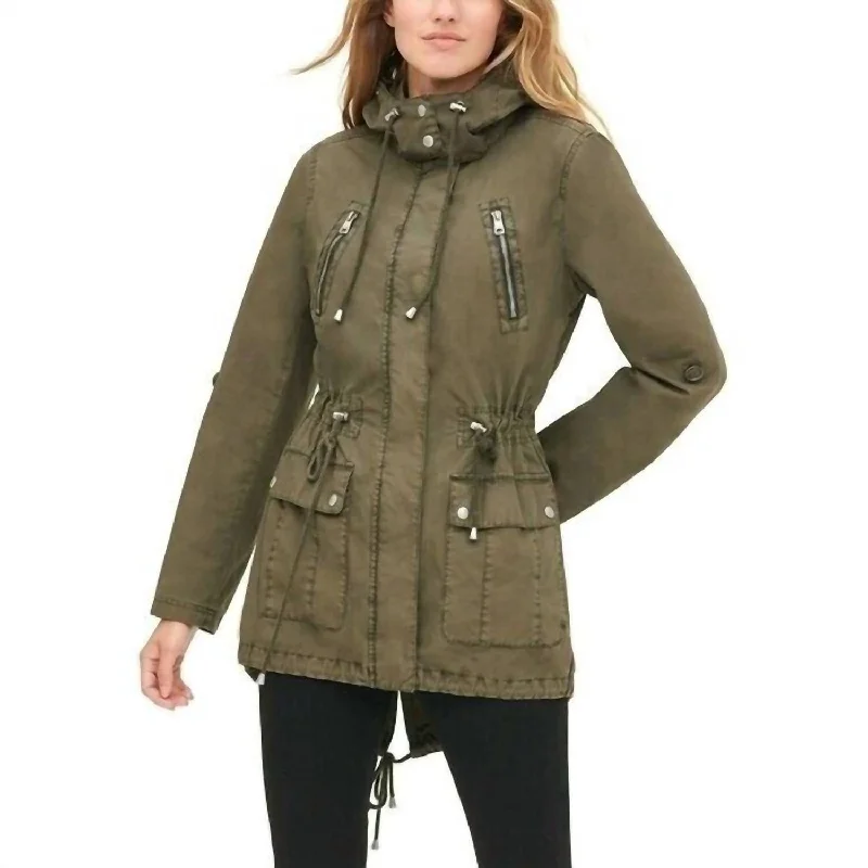 ladies' fleece jackets -Parachute Fish Tail Mid Length Utility Jacket In Green