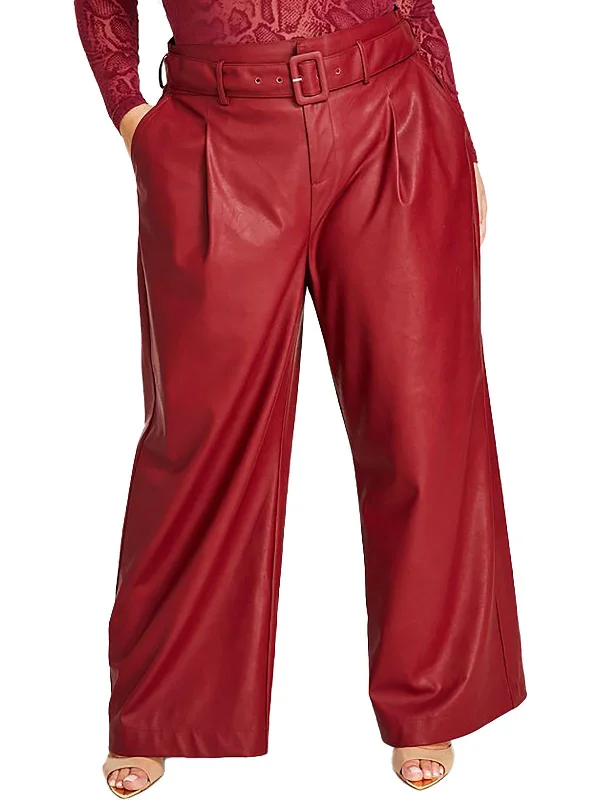 ladies' frilled skirts -Plus Womens Faux Leather Belted Wide Leg Pants