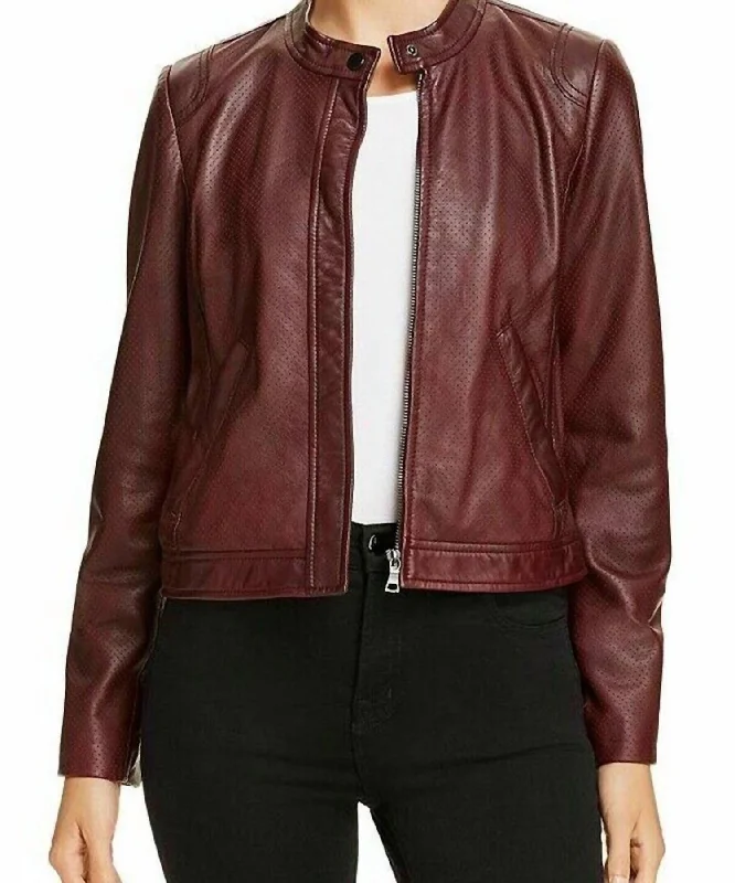 ladies' zip-up jackets -Perforated Leather Jacket In Bordeaux