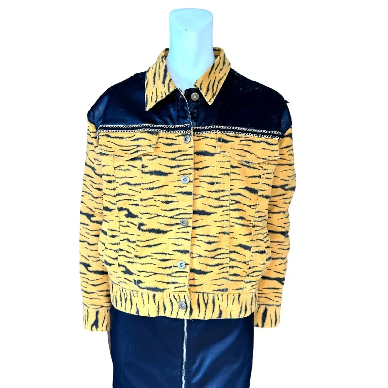 ladies' double-breasted wool coats -Tiger Vintage Style Bomber Jacket In Gold, Black