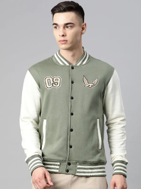 women’s belted blazers -Alcis Men Green Typography Printed Varsity Jacket