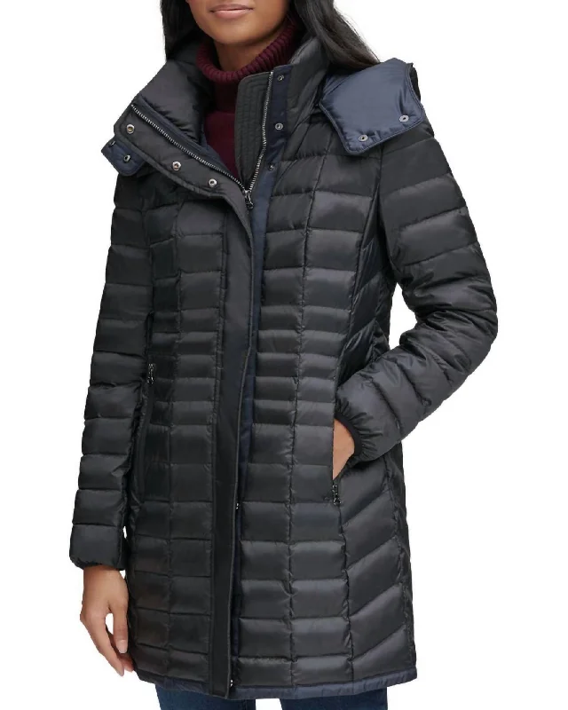 women's windbreaker jackets -Removable Hood Marble Quilted Down Jacket In Black