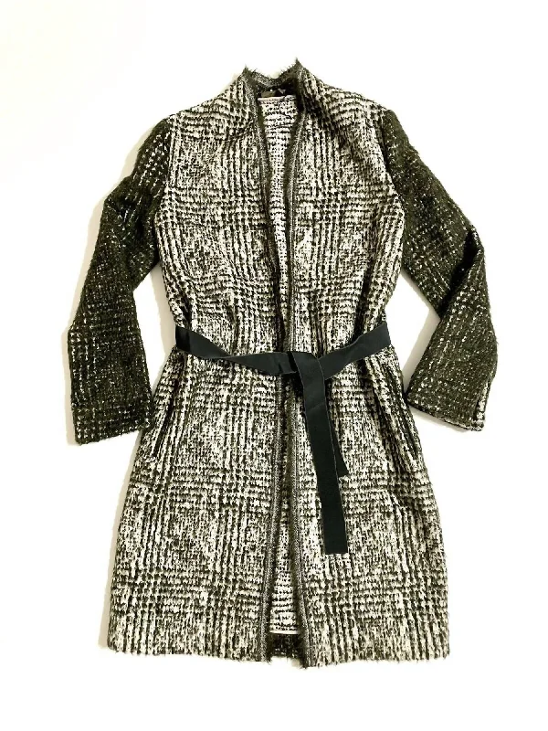 wool blend coats for women -Women's Wool Belted Open Front Coat In Green/white