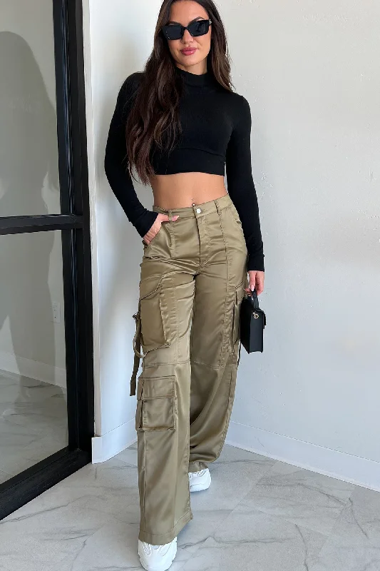 women's maxi skirts -Gleason Satin Cargo Pants (Olive)