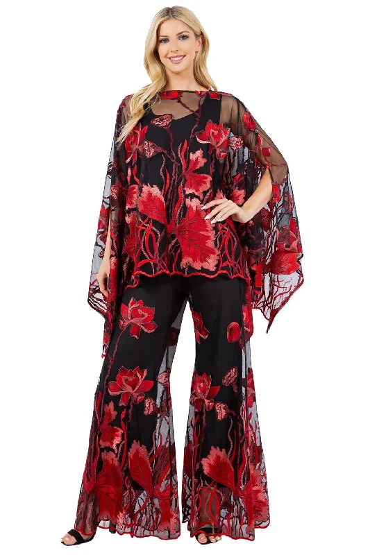 women's flare jeans -Shades of Red Embroidery Palazzo Pants