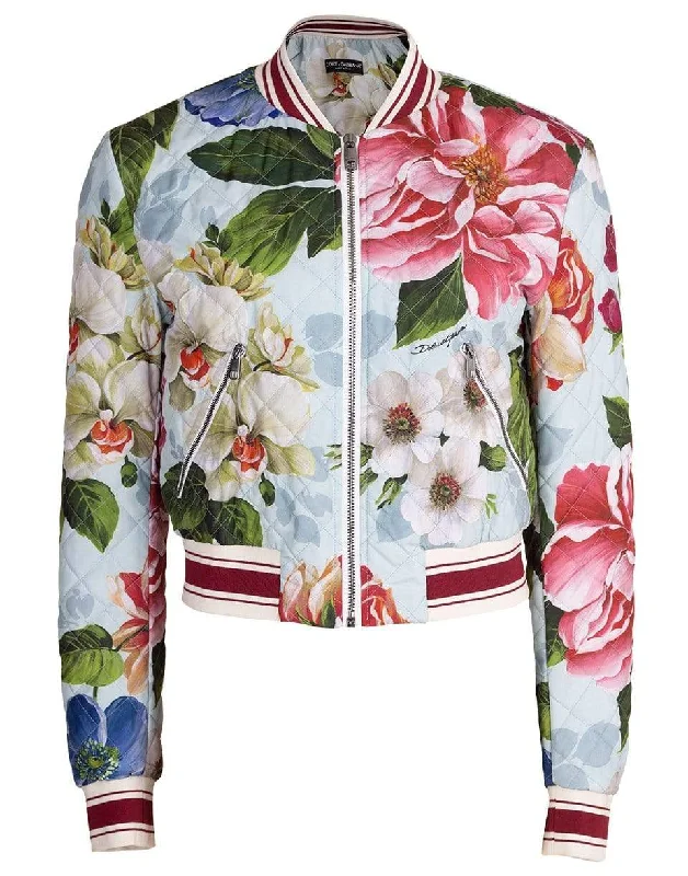 women's trench raincoats -Blue Floral Print Quilted Bomber Jacket