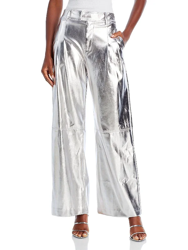 women's lightweight palazzo pants -Tinsley Womens Metallic Faux Leather Wide Leg Pants