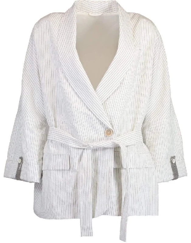 women's draped coats -Cotton Linen Pinstripe Wrap Jacket