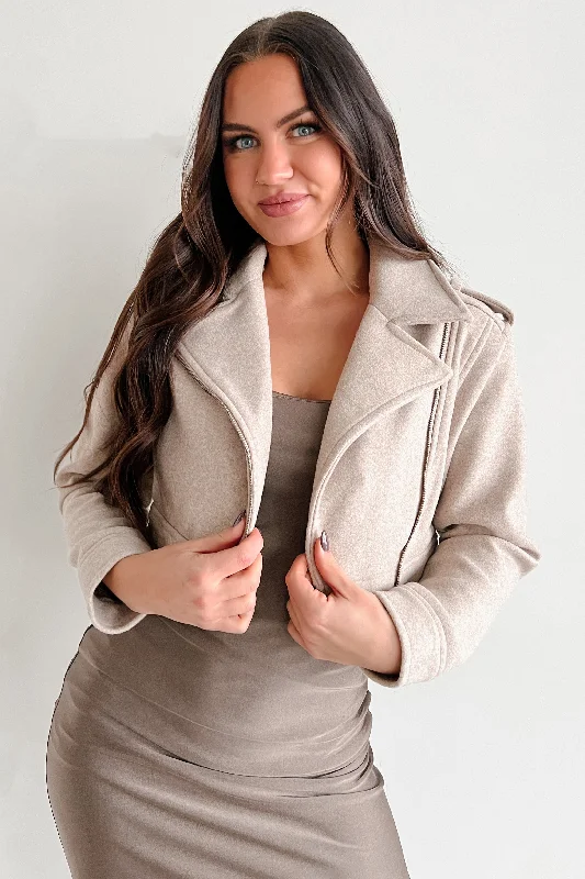 women’s fashion coats -Might Stop By Brushed Fleece Moto Jacket (Oatmeal)