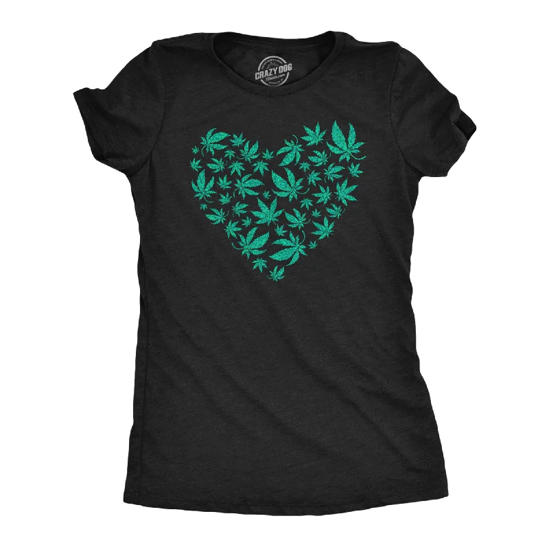 women's fitted tops -Glitter Heart Made Of Pot Leaves Women's T Shirt