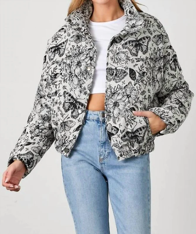 women's leather jackets -Fantasia Floral Jacquard Puff Jacket In Grey