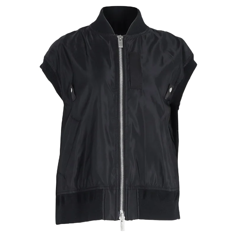 women's wool coats -Sacai Zipped Short Sleeve Vest in Black Nylon