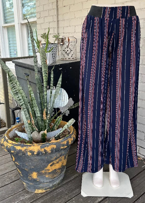 women's cropped trousers -Dark Navy w/ Vertical Stripes Palazzo Pants