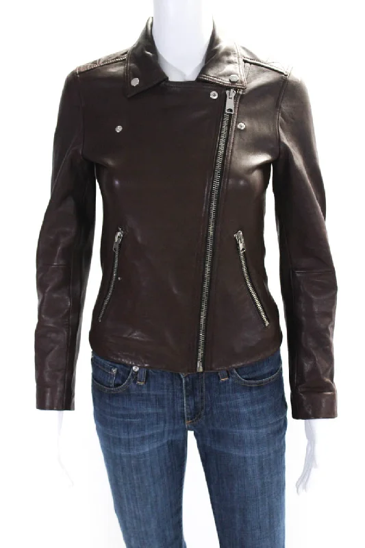 women's longline trench coats -Allsaints Womens Brown Leather Full Zip Long Sleeve Motorcycle Jacket