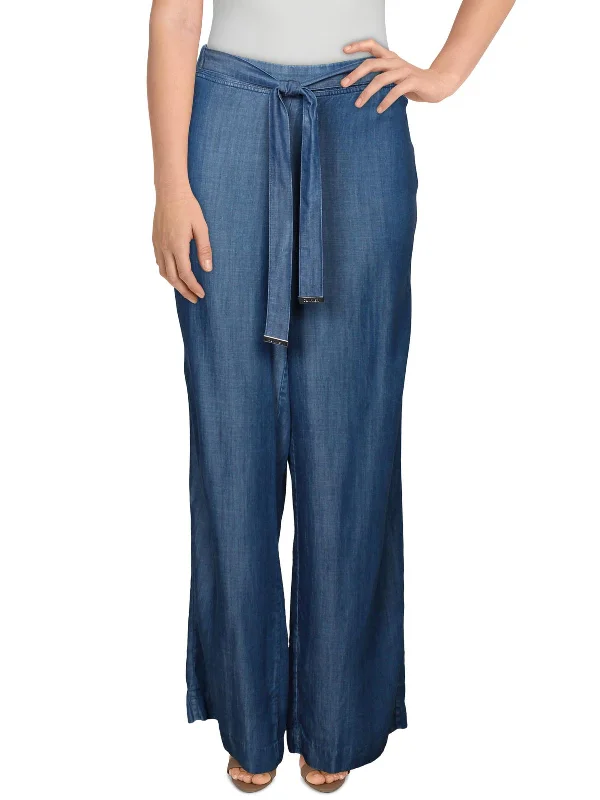 casual wide-leg pants for women -Womens Tencel Chambray Wide Leg Pants