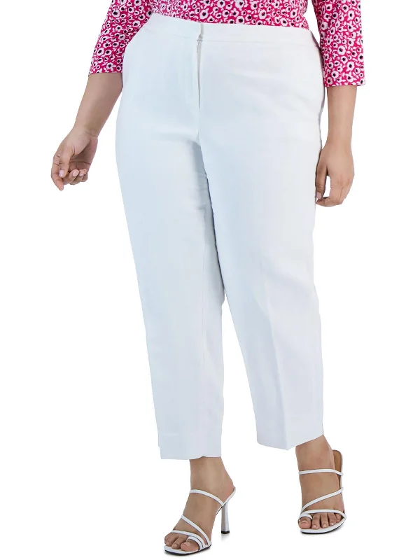 women's cropped trousers -Plus Womens Linen Blend Pocket Ankle Pants