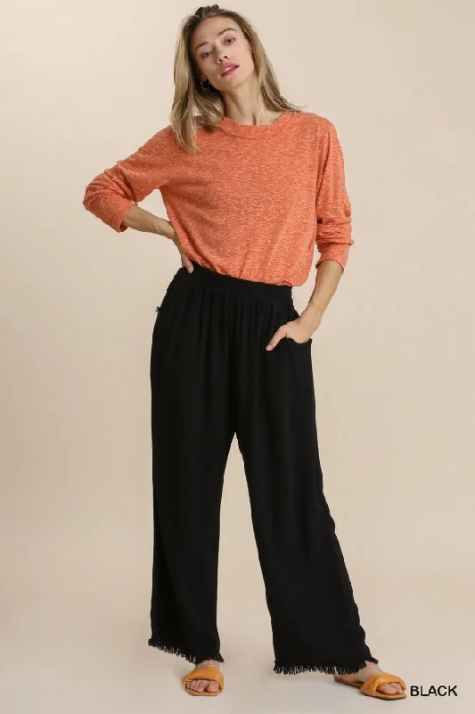 women's color block skirts -Black linen blend pant  w/ Elastic Waist