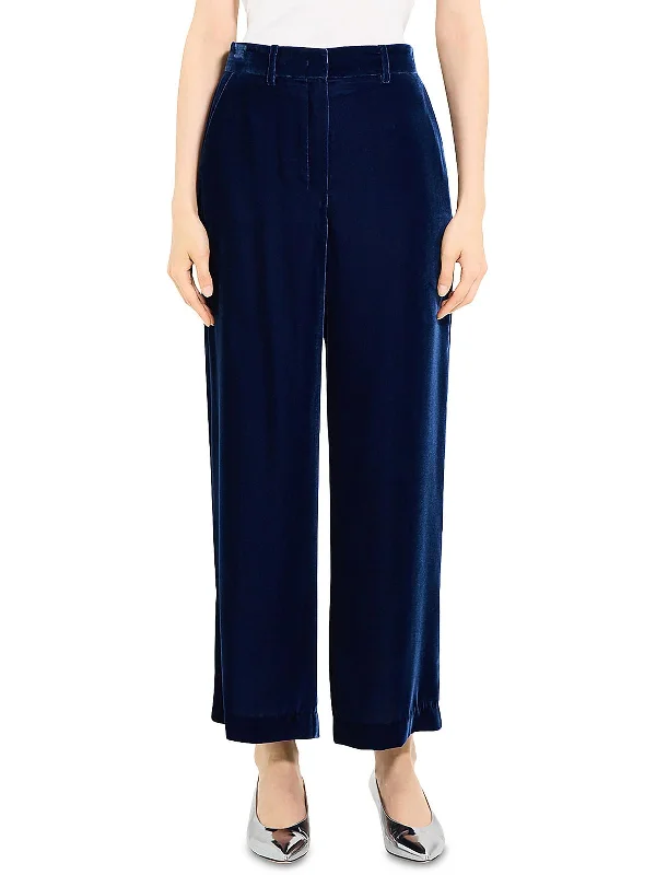 ladies' paperbag waist pants -Womens High Rise Velvet Wide Leg Pants