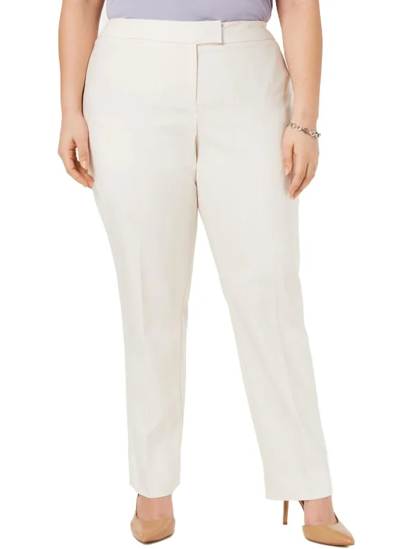 women's ankle-length trousers -Plus Womens Solid Mid-Rise Straight Leg Pants