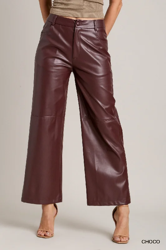 women's satin skirts -Chocolate Brown Faux Leather Pants