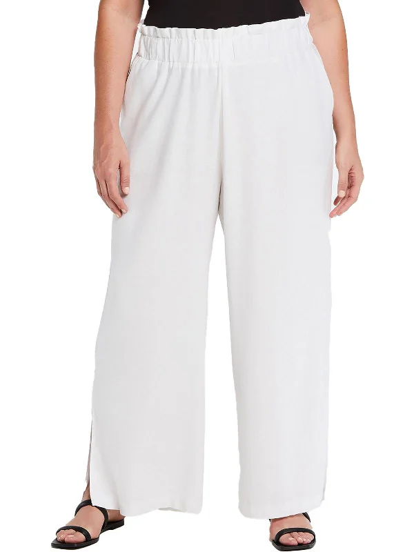 ladies' paperbag waist pants -Plus Womens High Rise Ruffled Wide Leg Pants