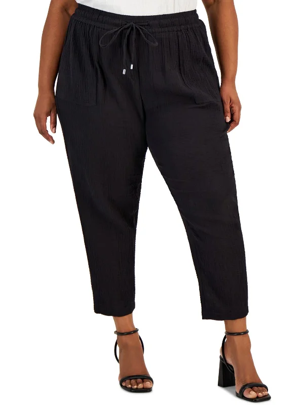 women's ankle-length trousers -Womens Textured Cotton Ankle Pants