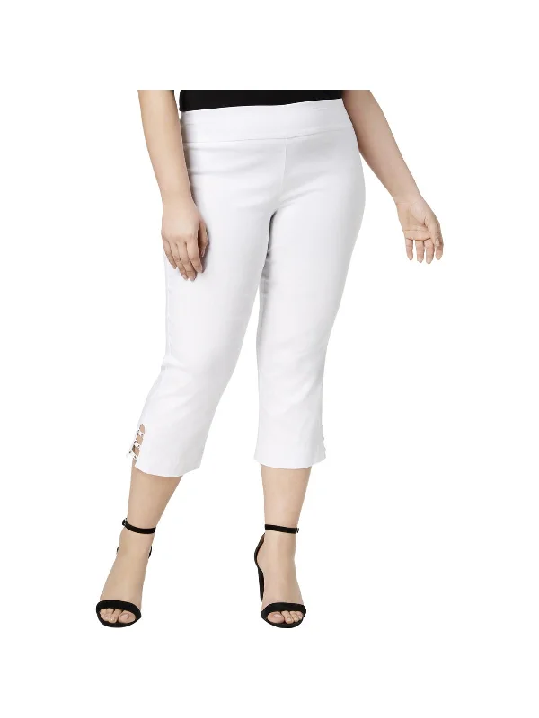 ladies' ruched skirts -Plus Womens Lattice Hem Cropped Capri Pants