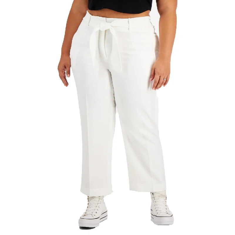 women's stretch leggings -Bar III Womens Plus Mid-Rise Tie-Waist Cropped Pants