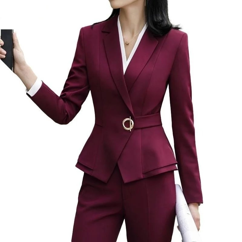 ladies' leather leggings -Winter Formal Long Sleeve Slim Blazer and Trousers Suit for Office Ladies