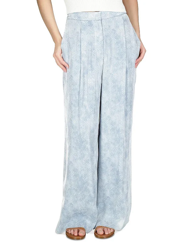 women's work trousers -Petites Womens Satin Pleated Wide Leg Pants