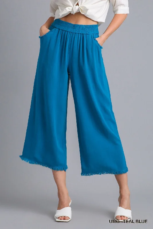 women's knee-length skirts -Teal Blue Linen Blend  Pant w/ Elastic Waist