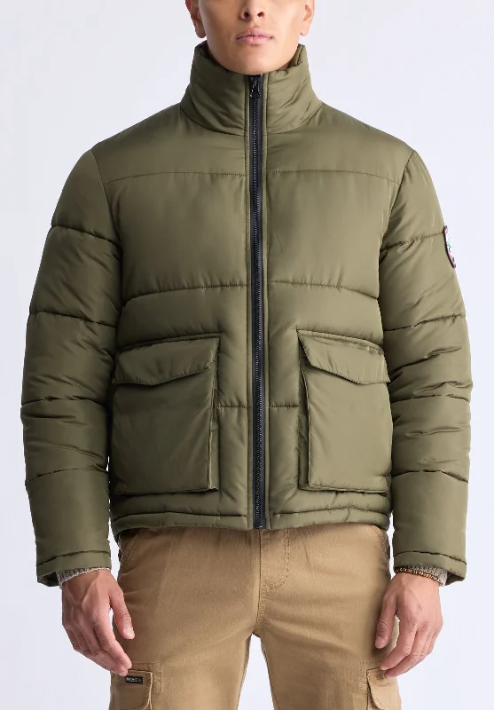 warm padded jackets for women -Nate Men’s Zip-up Puffer Jacket with Large Front Pockets, Army green - OBMFE001