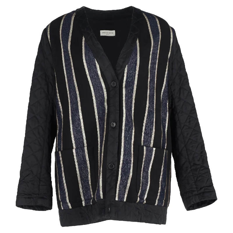 women’s structured blazers -Dries Van Noten Stripe Quilted Button-Down Jacket in Black Wool