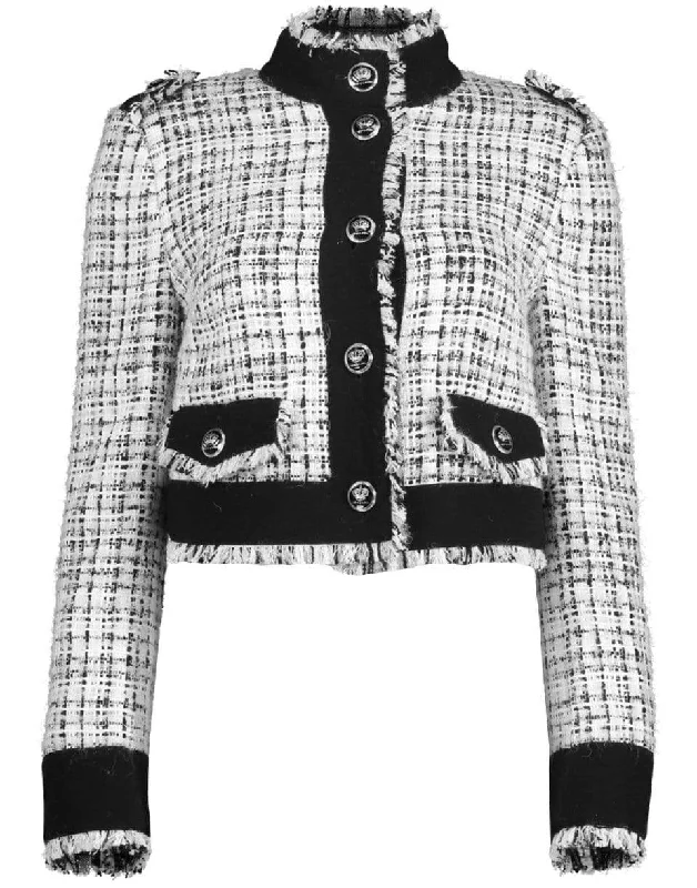 women's puffer jackets -Decorative Buttoned Cropped Tweed Jacket