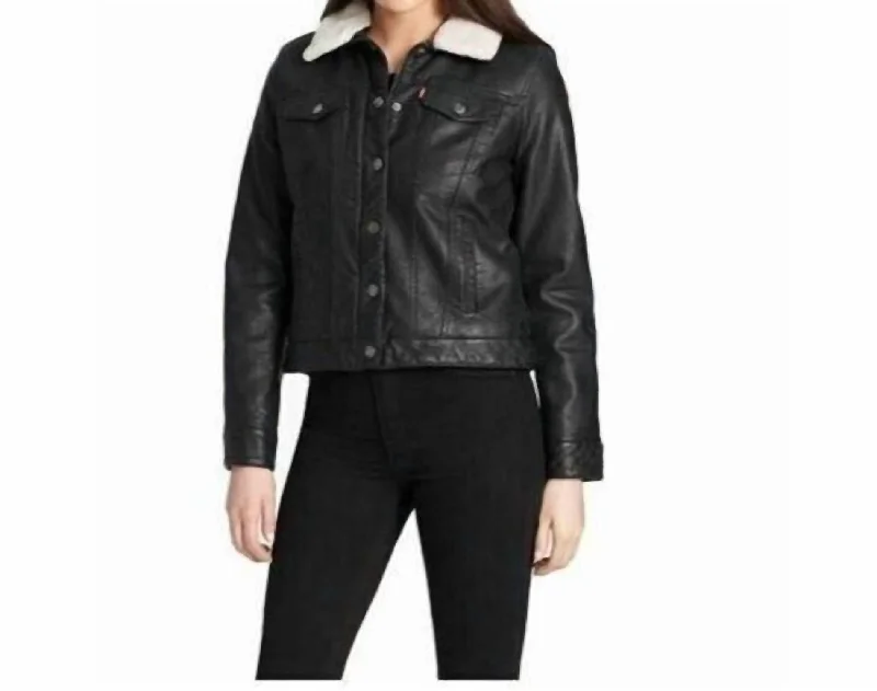 women's wool coats -Classic Lined Sherpa Faux Leather Trucker Jacket In Black