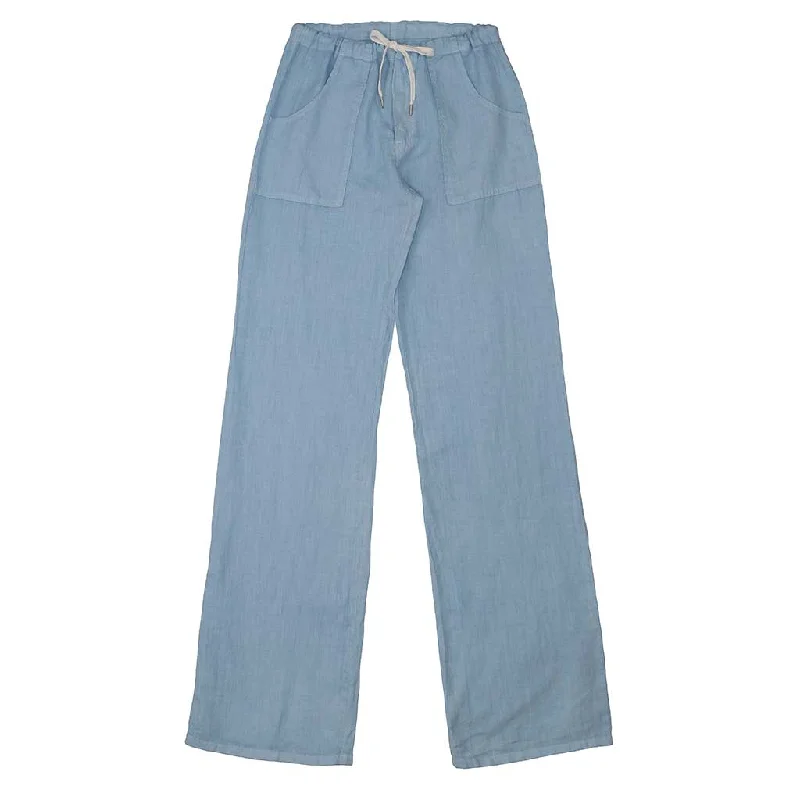 women's cargo pants -Button Drawstring Linen Pants 2 Front Patch Pockets - Light Baby Blue