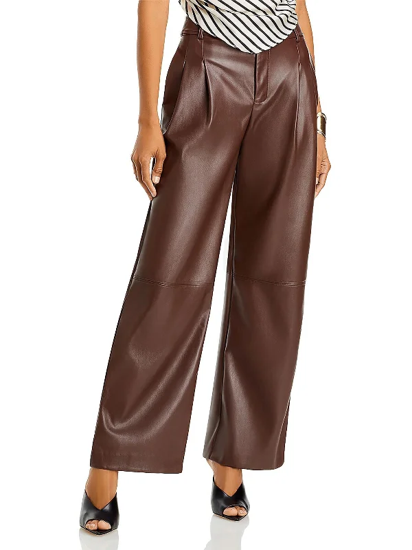 women's sporty joggers -Womens Faux Leather Pleated Wide Leg Pants